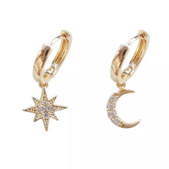 18K GOLD DIAMOND MOON STAR HOOPS - Picture 4 of 7